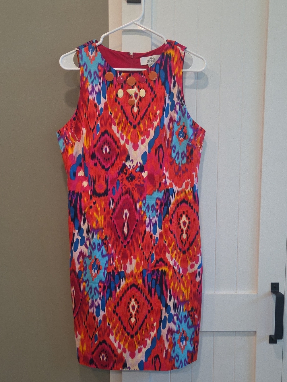 Badgley Mischka Sleeveless Multicolor Ikat Sheath Dress - Pink/Blue